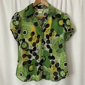Sarah B Studio Retro Green/Yellow Floral Short Sleeve Shirt Top **Size M**💚💚